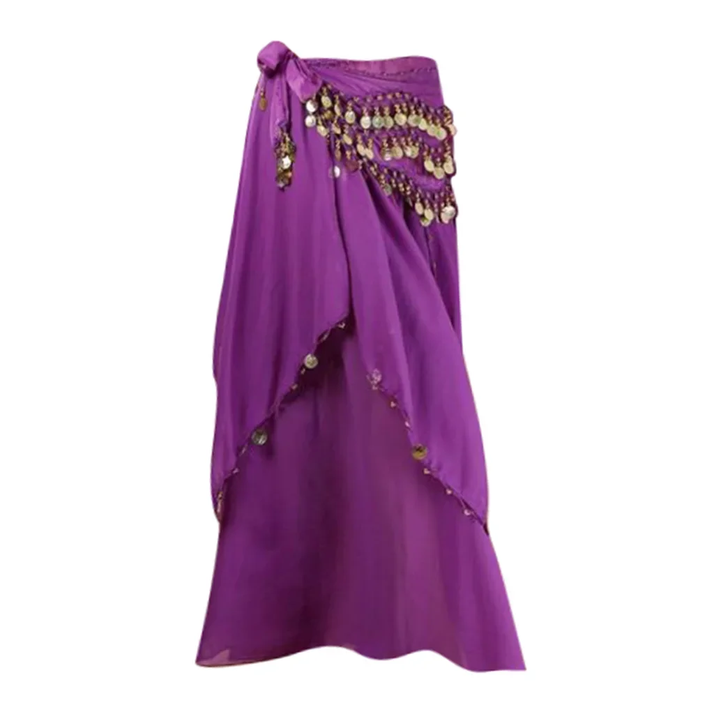 Women Belly Dance Skirt Chiffon Costumes with Waist Chain Multicolor 85cm