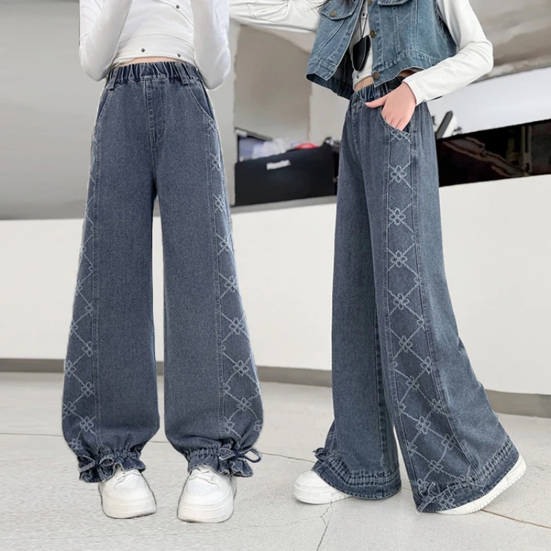 

Girls' Footed Denim Jeans Convertible Jeans Color Block Splicing Youth Winter Long Pants Suitable for Ages 7-14.Autumn Pants