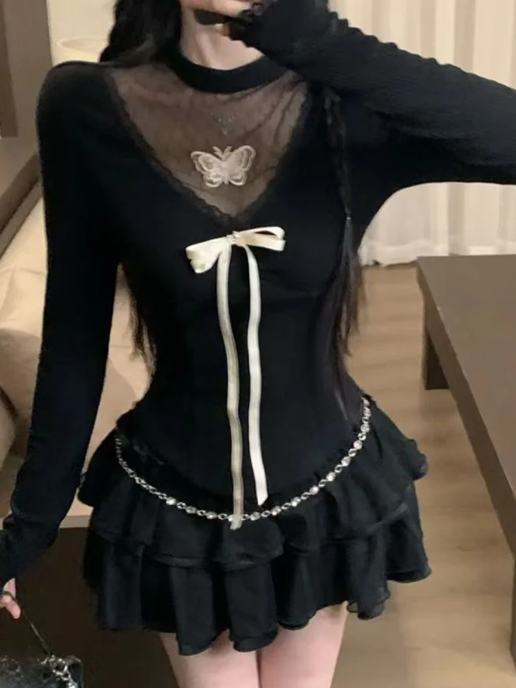 

Korean Fashion Pure Desire Black 2 Piece Set Women Lace Patchwork Tops + Mini Cake Skirt New Sexy Style Slim Sweet Vintage Suits