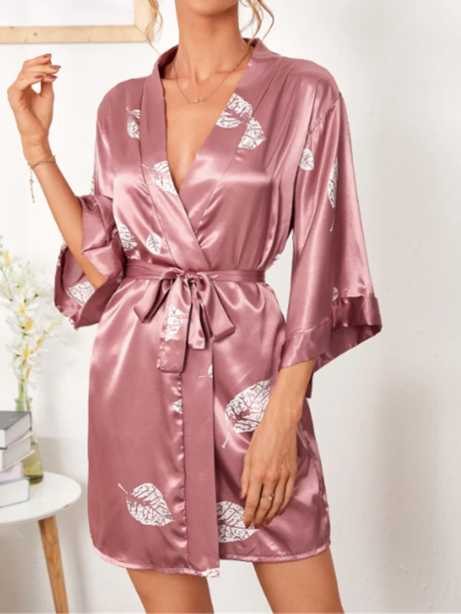 A Lotus Root Women\'s Fashion Robe Simulation Silk Comfortable Fashionable Hundred Daily Printed Homewear Hundred Sleeping Robe