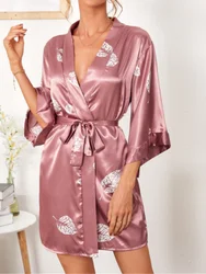 A Lotus Root Women's Fashion Robe Simulation Silk Comfortable Fashionable Hundred Daily Printed Homewear Hundred Sleeping Robe