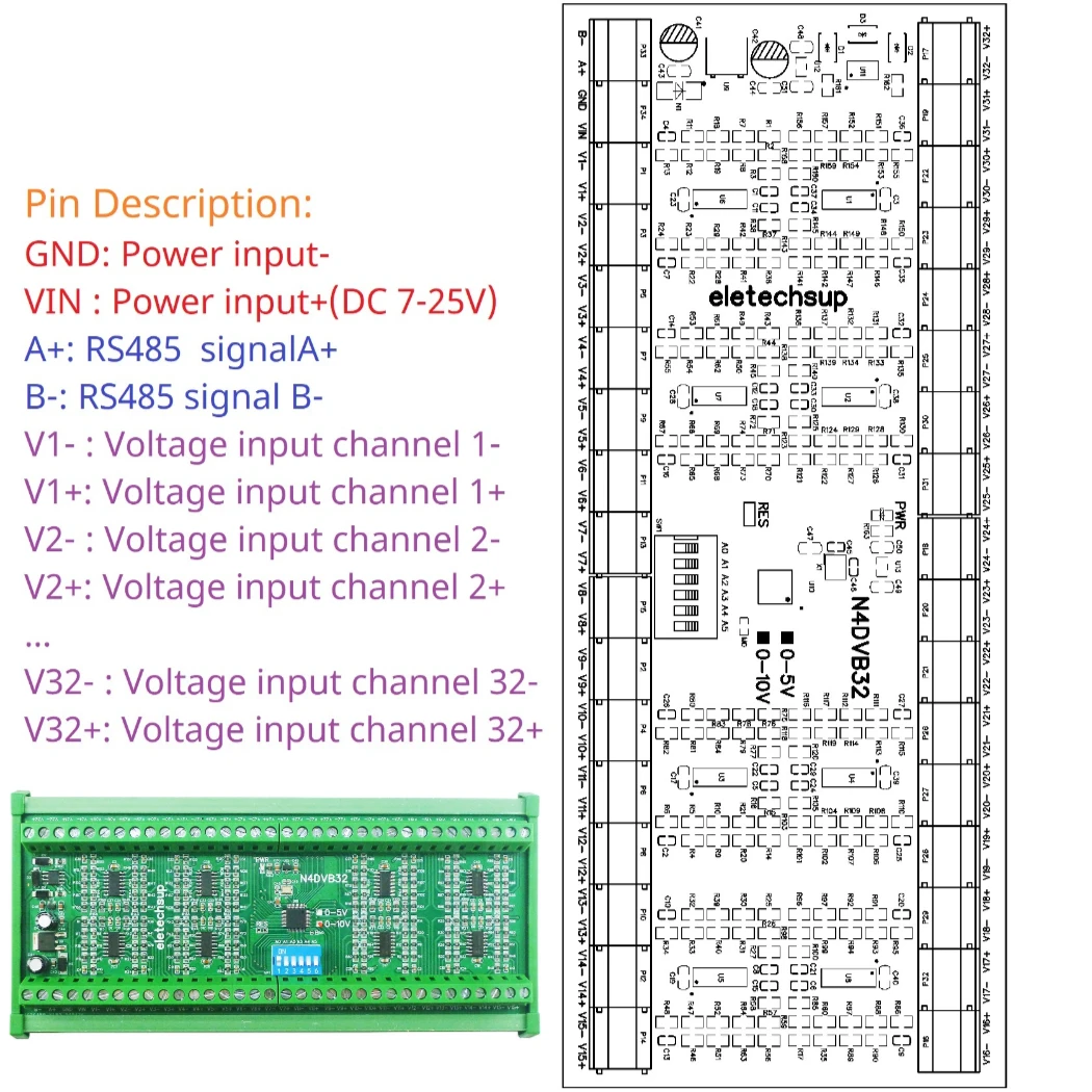 

Коллектор дифференциального напряжения RS485 32-AI, Modbus RTU 0-5 в 0-10 В, аналоговая Входная система сбора сигнала ADC, 12 В 24 В постоянного тока, N4DVB32