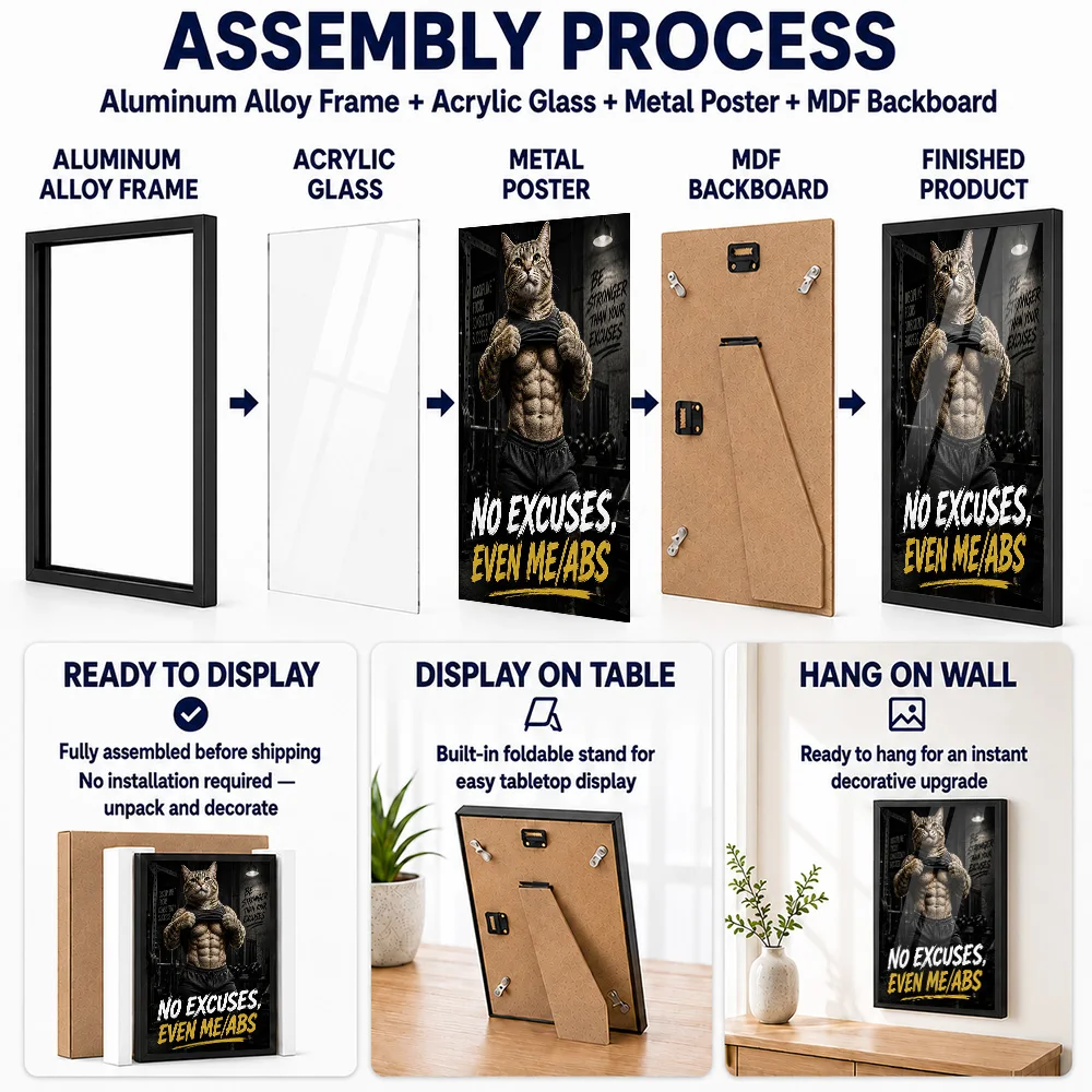 Muscular Cat Gym Motivation Framed Metal Poster Personalized Photo High Contrast Style Wall Art For Bedroom Special Coach Gift