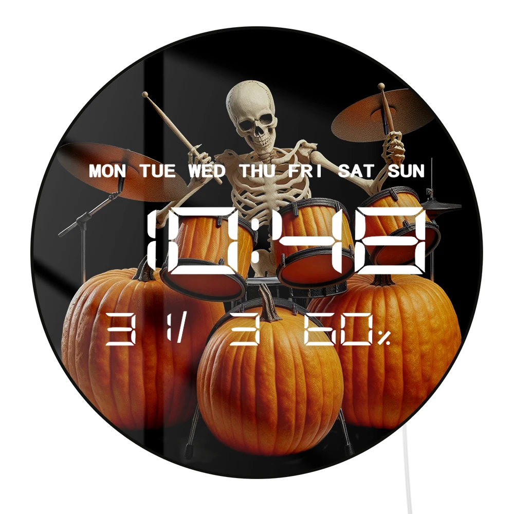 Skeleton Playing Pumpkins Drum Kit Multifunctional LED Digital Wall Clock Halloween Home Decor Electronic Clock Wall Desk Use