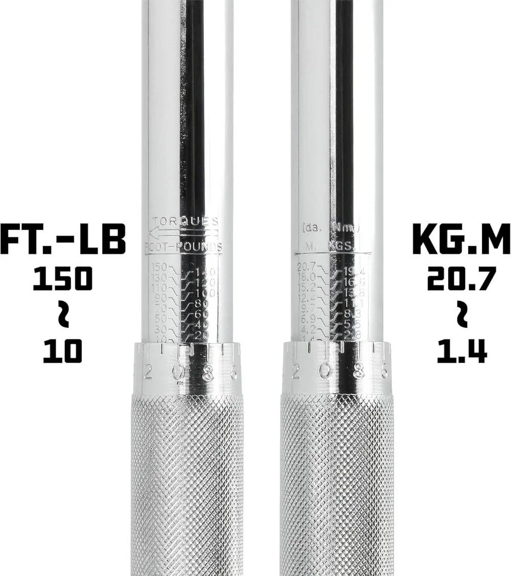 Dual Drive Torque Wrench, 3/8 & 1/2 Inch, 10-150 ft-lbs Range, Micrometer Scale for Precision