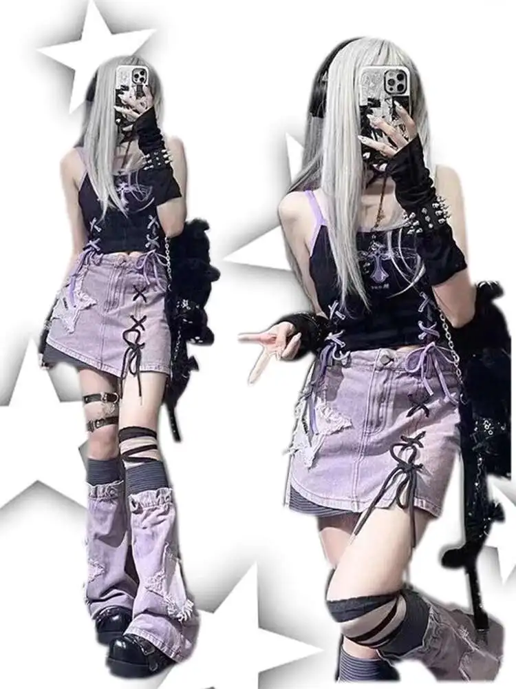 

Y2k Subculture American Style Star Purple Denim Skirt Womens fashion Summer High Waist Thin A-line Skirt Large Size Fat Mm