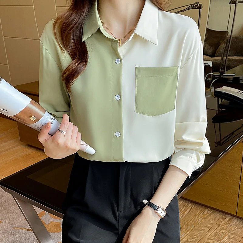 Women Spring Simplicity Loose Fashion Color Blocking Turn-down Collar Long Sleeve Shirts Women Clothes Casual All-match Tops