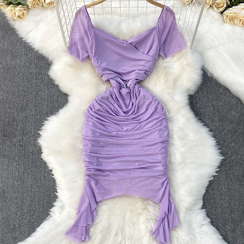 

Sexy Square Collar Dress Women Summer New Short Sleeve Hollow Out Waist Slim Tulles Pleated Wrap Hips Irregularity Mini Dresses
