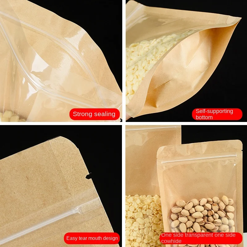 100 Kraft paper sealed pocket Stand up Zip lock Kraft Paper Window Bag Pouches Zipper Self Sealing Bags Food Fruit Tea packaging