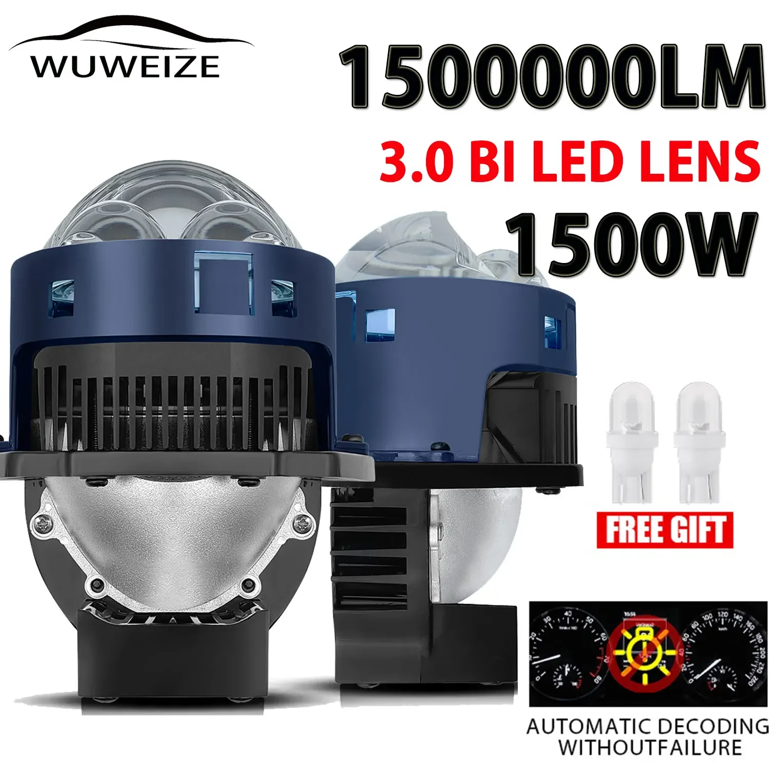 WUWEIZE 1500W 1500000LM 3 Inch Bi-led Lens Projector  High Low Beam LED  Super Strong  12v 24v  for Car Headlight Retrofit Bulb