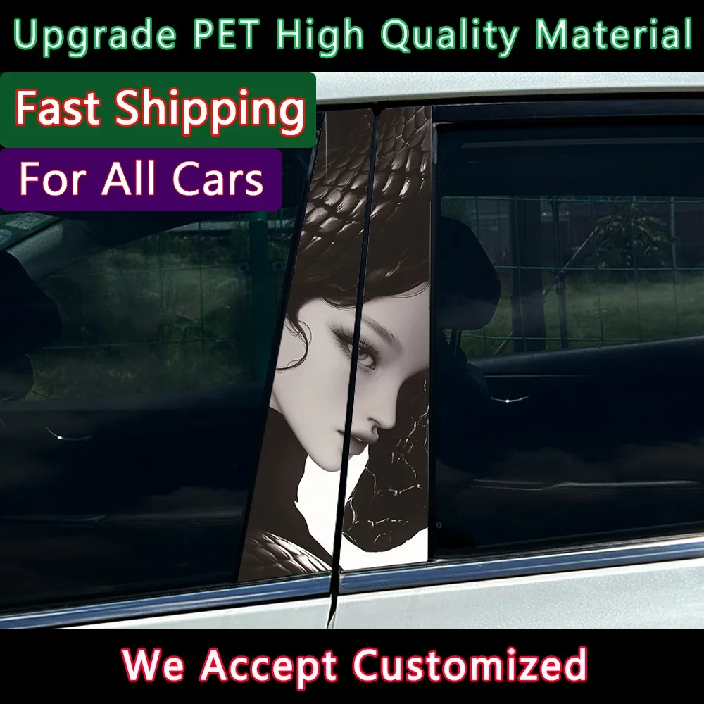 2Pcs/set Black Snake Serpent Beauty Lady Car B Pillar Sticker Waterproof Center Column Cover Scratches Sunscreen Car Accessories