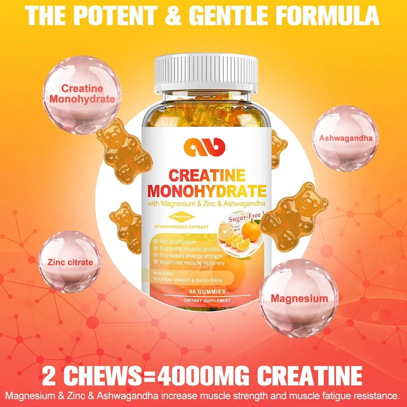 Creatine monohydrate supplement gummies for muscle building and strength, energy support -60 gummies