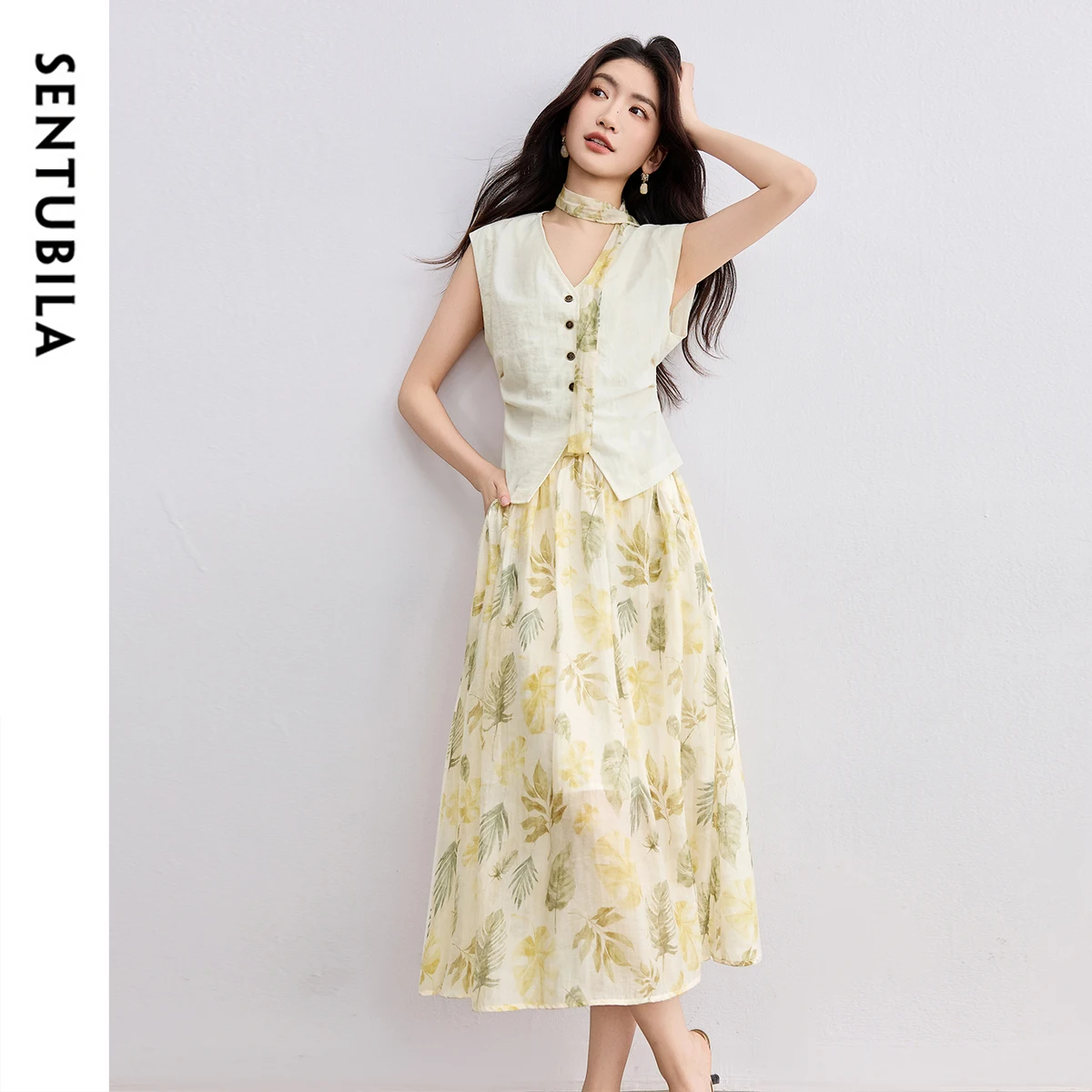 

SENTUBILA Elegant Skirt Holiday Set Woman 2 Pieces V-neck Waistcoat Printing Midi Pockets Skirts Ladies Two Piece Sets W52ZA2256