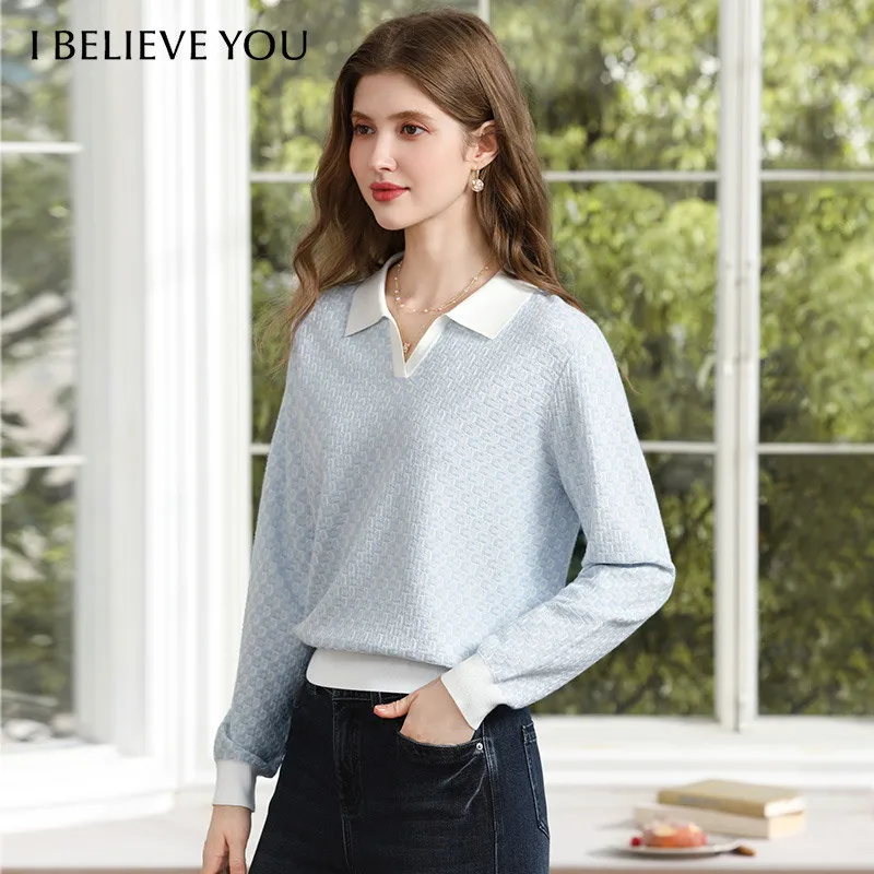 I BELIEVE YOU Women's Blue Jacquard Knit Sweater 2026 Autumn Lapel Elegant Check Texture Long Sleeve Pullover Top 2263146571