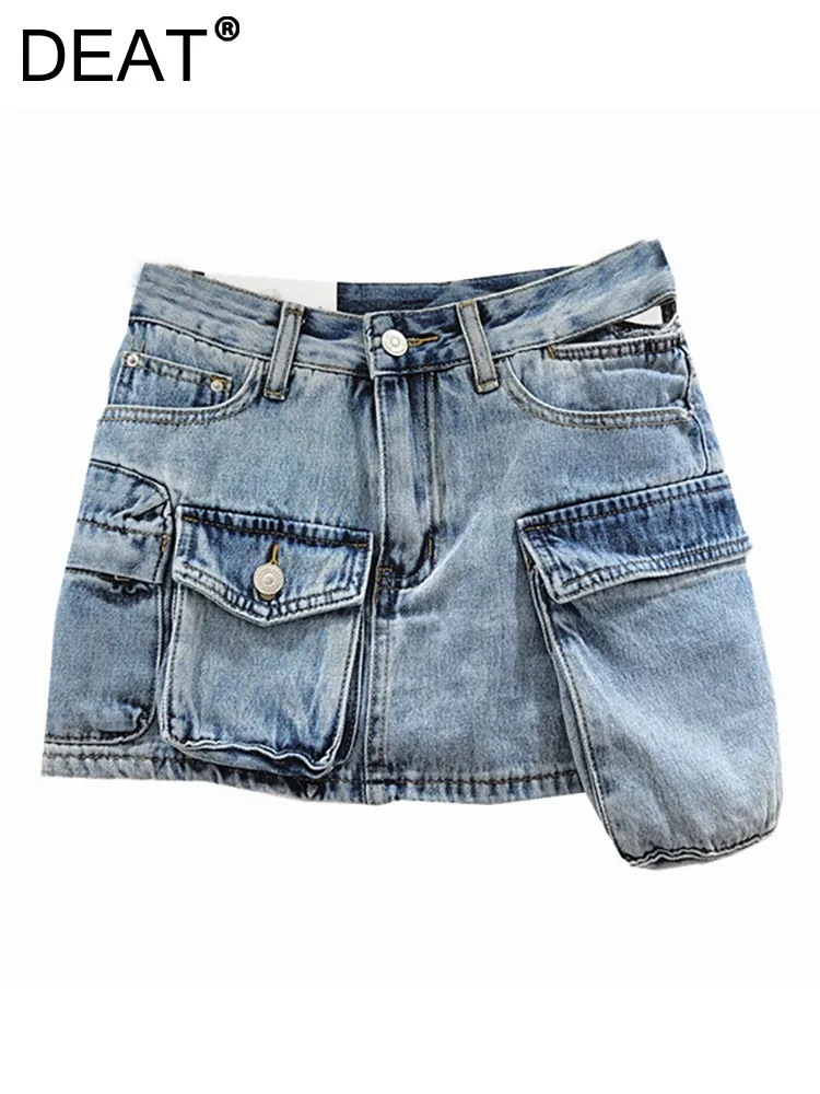 

DEAT Women's Denim Skirt Multiple Pockets Design Hollow Out Off Waist A-line Cargo Mini Skirt 2024 Autumn New Fashion 29L6820