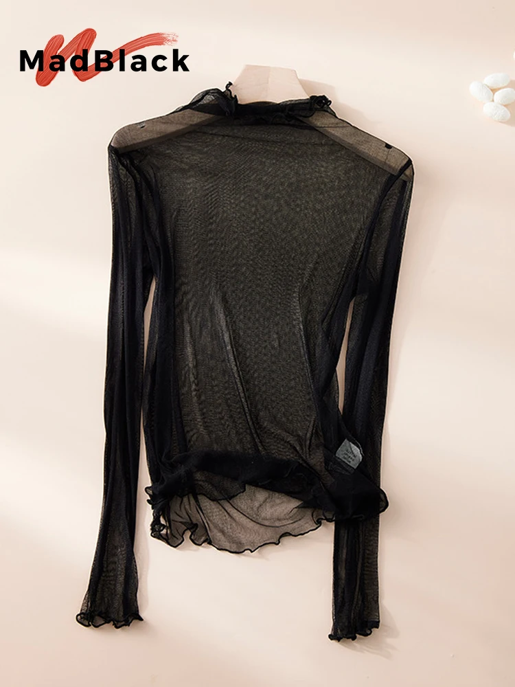 MadBlack-100%Real Silk Elegant Mesh T-Shirt, Mock Neck Long Sleeve, Women Thin Sheer Sunscreen Top, 2026 Summer New T65049CC