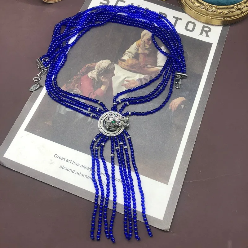 

Retro Copper Three-dimensional Leopard Design Multi-layer Blue Glazed Beaded Necklace Bracelet Ring Versatile Set