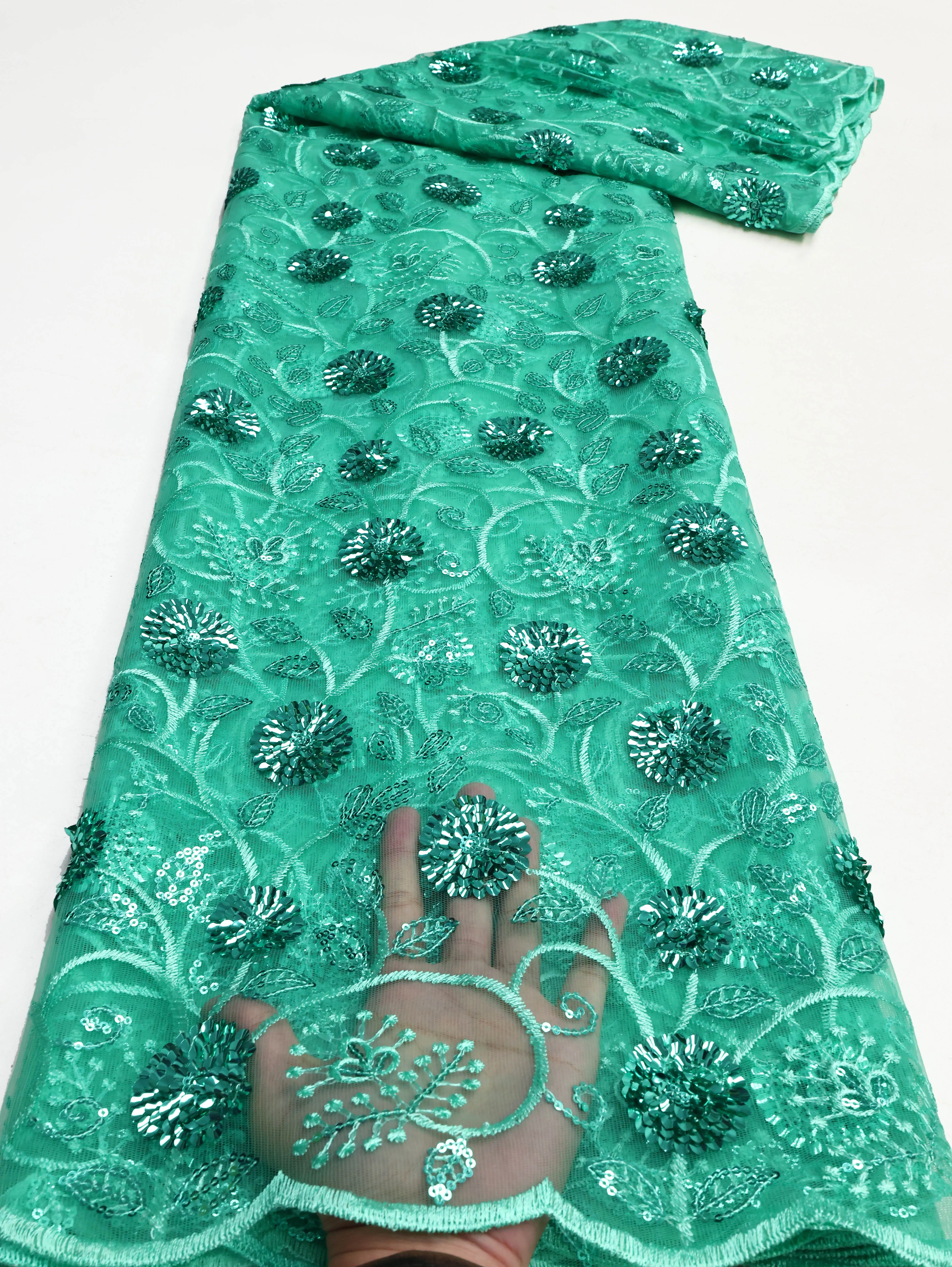 African Sequins Flocking Lace Fabric