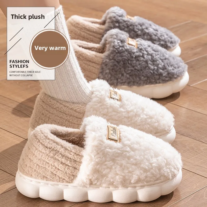 

Женские теплые хлопковые тапочки, зима 2024, новые домашние домашние плюшевые тапочки для пар, нечеткие шлепанцы на плоской подошве, мужская пушистая хлопковая обувь на меху