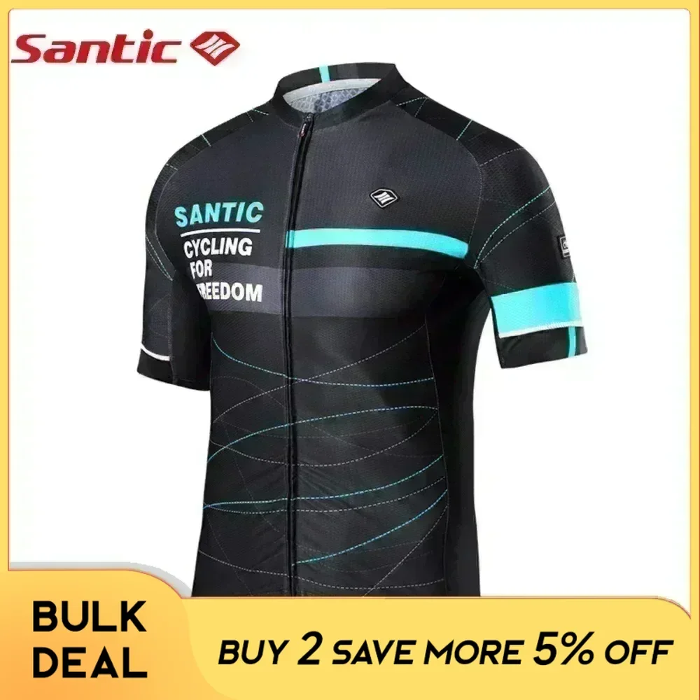 Santic Men's Cycling Jersey Short Sleeve Full Zipper MTB Bike Shirts Quick-Dry Breathable Reflective Bicycle Tops Asian Size