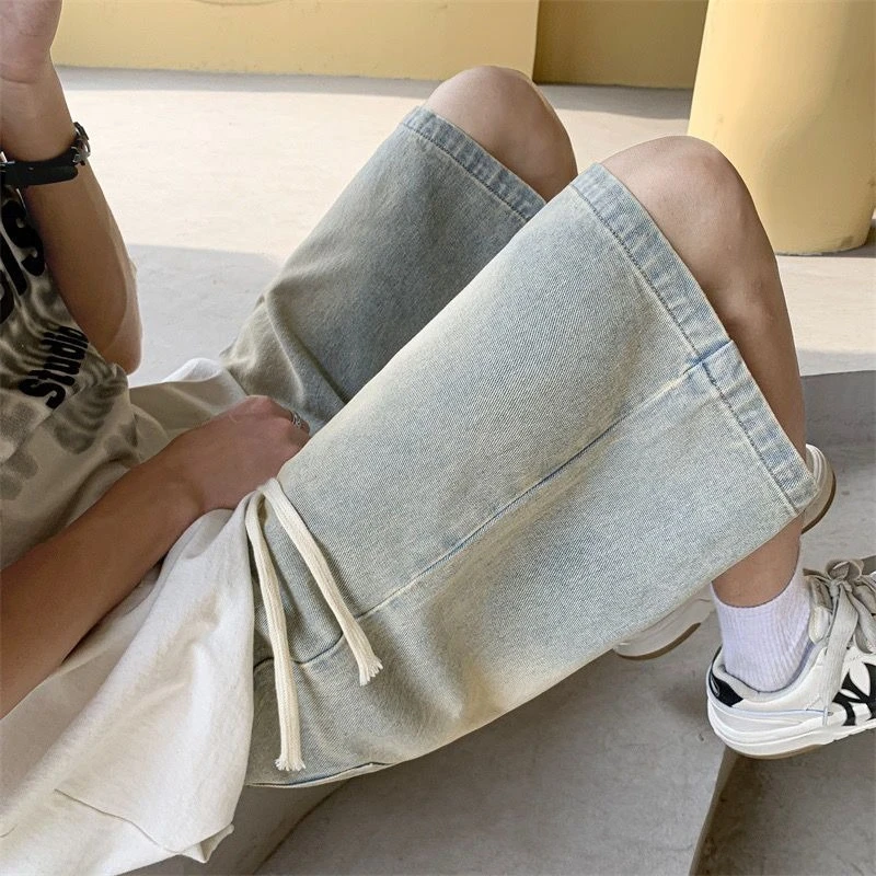 

Summer Men's Baggy Denim Shorts in Khaki Color Thin Breathable Retro Inspired Urban Street Fashion