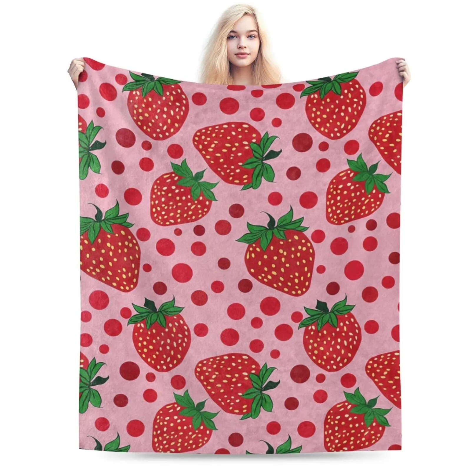 Strawberry Flannel Throw Blanket Pink Fruit Pattern Soft Plush Rectangle Fleece for Home
