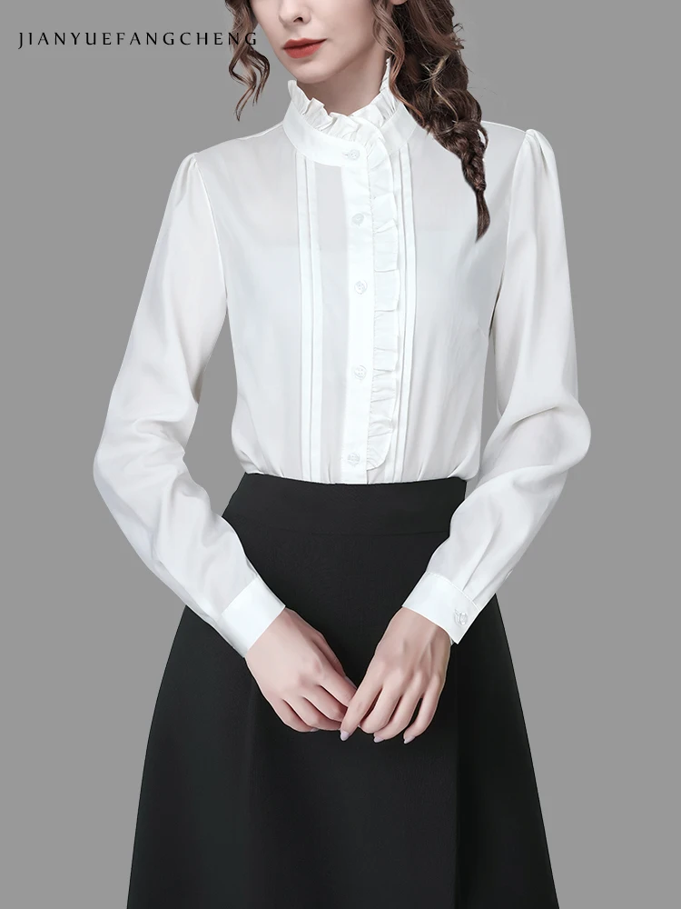 Office Ladies White Blouses 2024 Spring New Long Sleeve Ruffled Neck Women Tops Elegant Fashion Work Button-down Dress Shirt