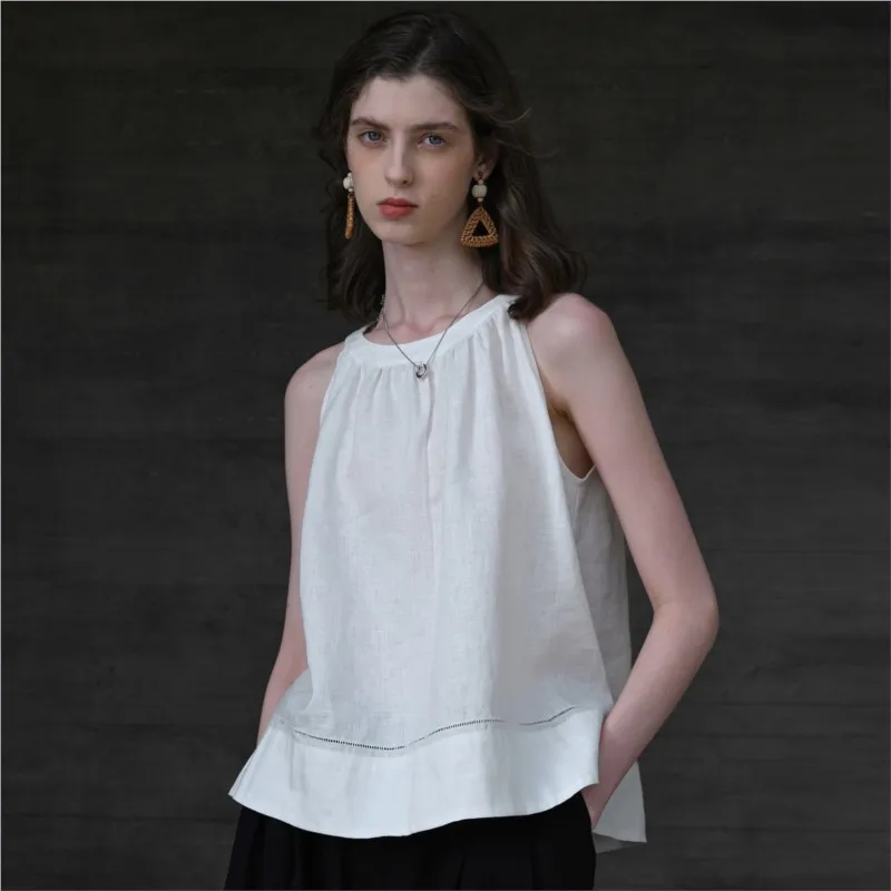 

Johnature Linen Halter Top Summer New Simple Pullover Round Neck Sleeveless Vest French-style Camisole Tops