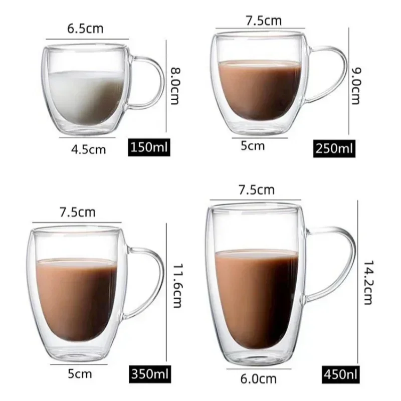 150-450ml Coffee Cup Double Wall Transparent Glass with Handle Double-layer Heat Insulation High Temperature Juice Milk Cup