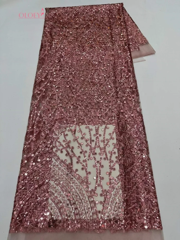 OLOEY High Grade African Beaded Lace Lace 2026 High Quality Nigerian Sequins Mesh Lace French Tulle Fabric for Sewing Party Dres