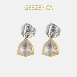 GEEZENCA 925 Silver Two Tone Natural White Crystal Dangle Earrings For Women French Chic Geometric Earring 2023 New Gift