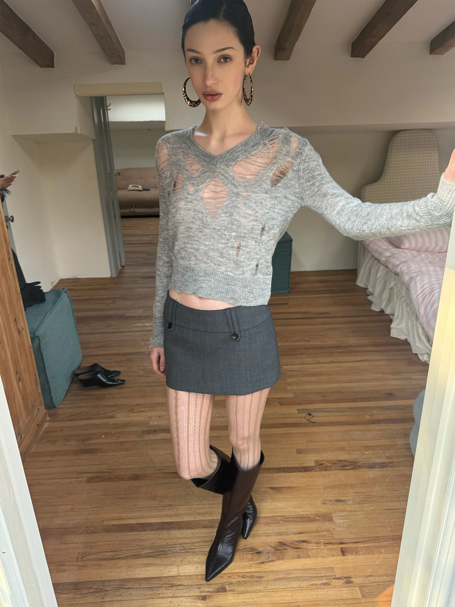 

Andnever Double Color Hollow out Knitted Long Sve Slim Fit ort Sle Sweater V Ne Casual Sle Women's Knittedwear