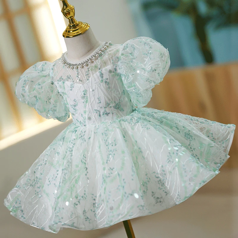 2023 Elegant Wedding Kids Formal Occasion Dress Mint Green for Little Girls Party Pageant Short Evening Gowns Luxury Eid Dresses