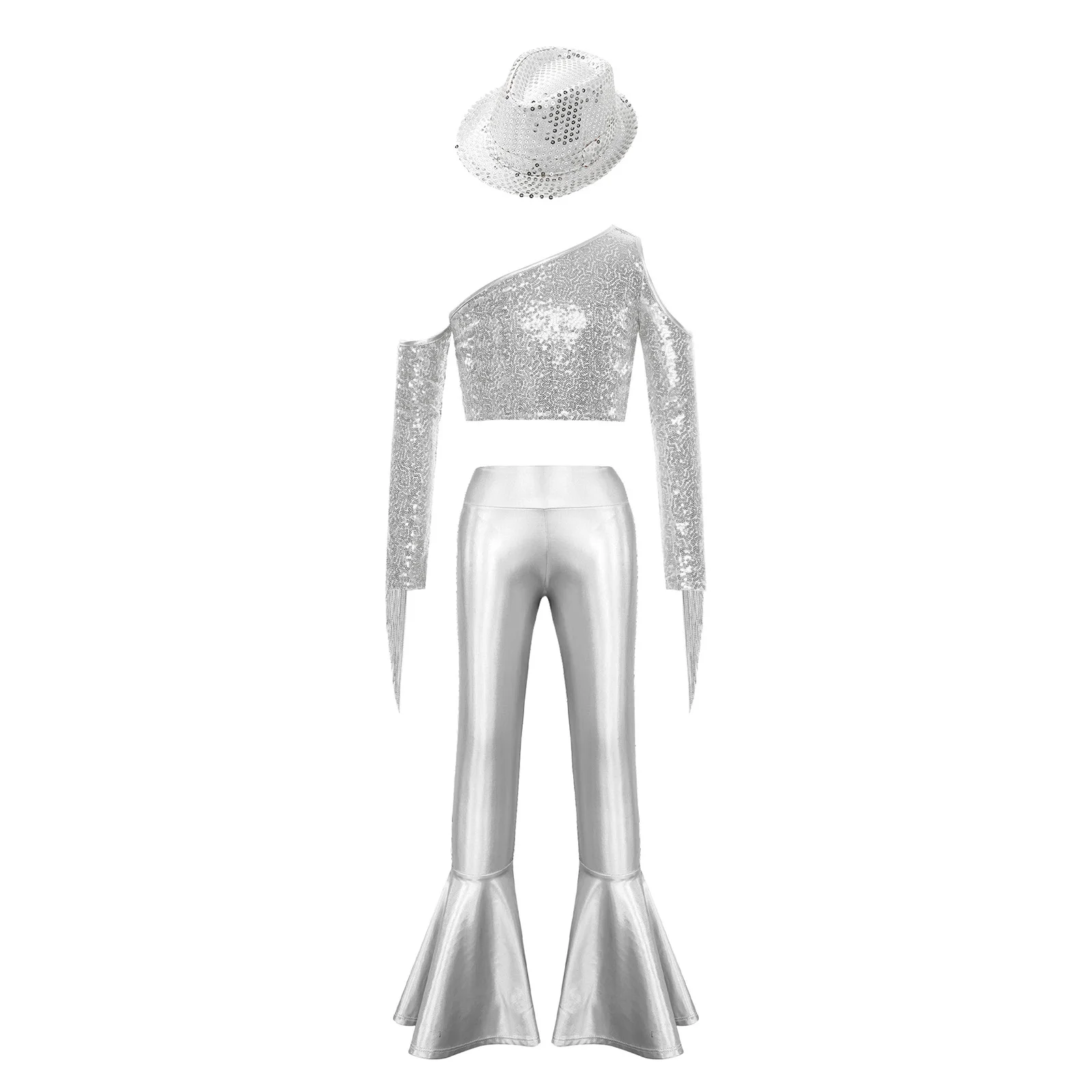 Kids Girls Sequin Tassels Dancewear 60s 70s Disco Sets Top Flares Pants Hat Hippie Jazz Dance Outfit Stage Performance Costume view 3