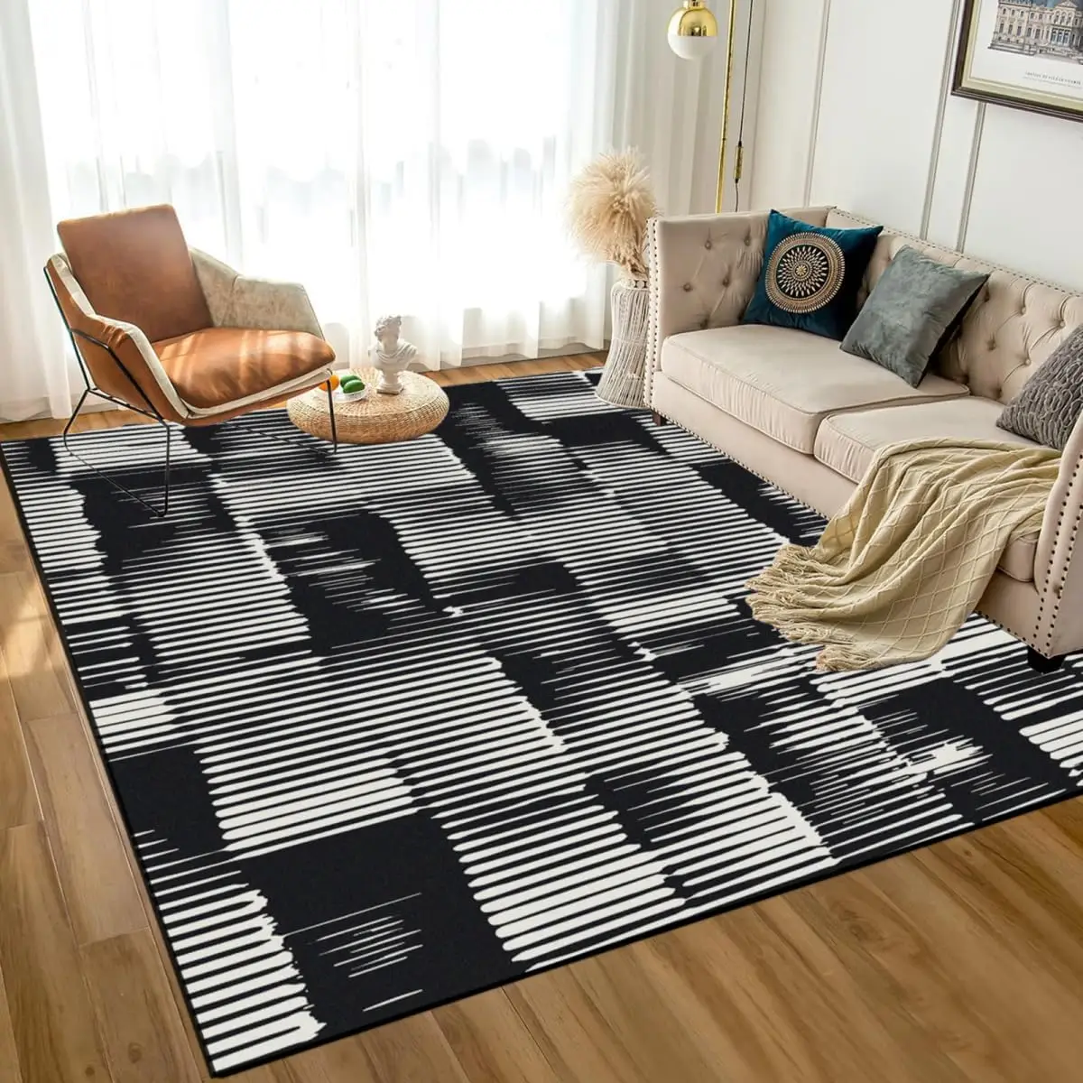

Black White Area Rugs Soft Grey and White Rug for Living Room, Black and White Striped Carpet for Boys Girls Bedroom Dining Room