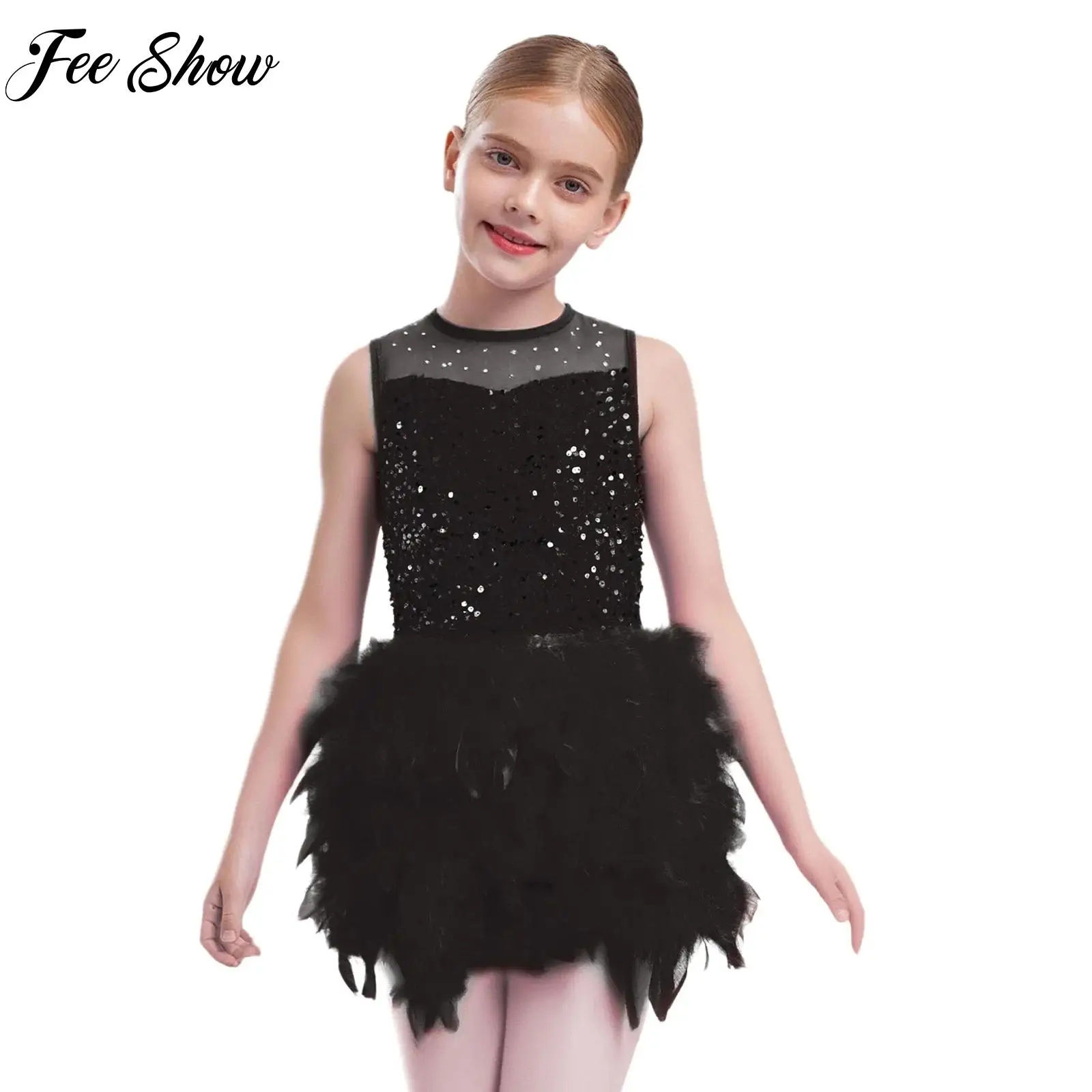 

Kids Girls Latin Lyrical Jazz Dance Costume Sleeveless Shiny Sequins Feather Velvet Dress for Skating Gymnastics Performance