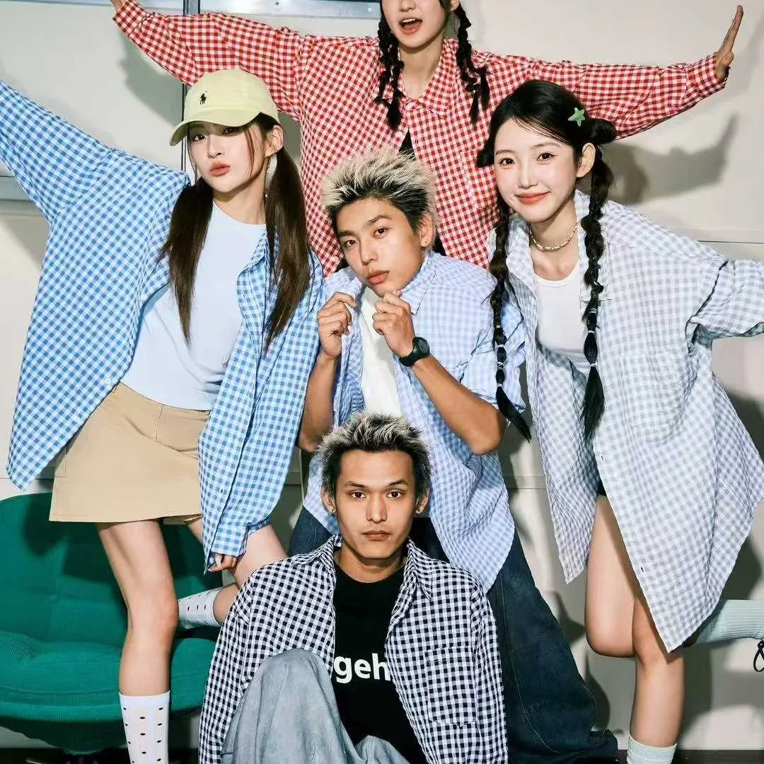 เสื้อเชิ้ตแขนยาวสไตล์วินเทจเกาหลี ลายสก็อตสีเหลือง น้ำเงิน แดง ติดกระดุมแถวเดียว สำหรับผู้หญิง แฟชั่นฤดูใบไม้ผลิและฤดูใบไม้ร่วง