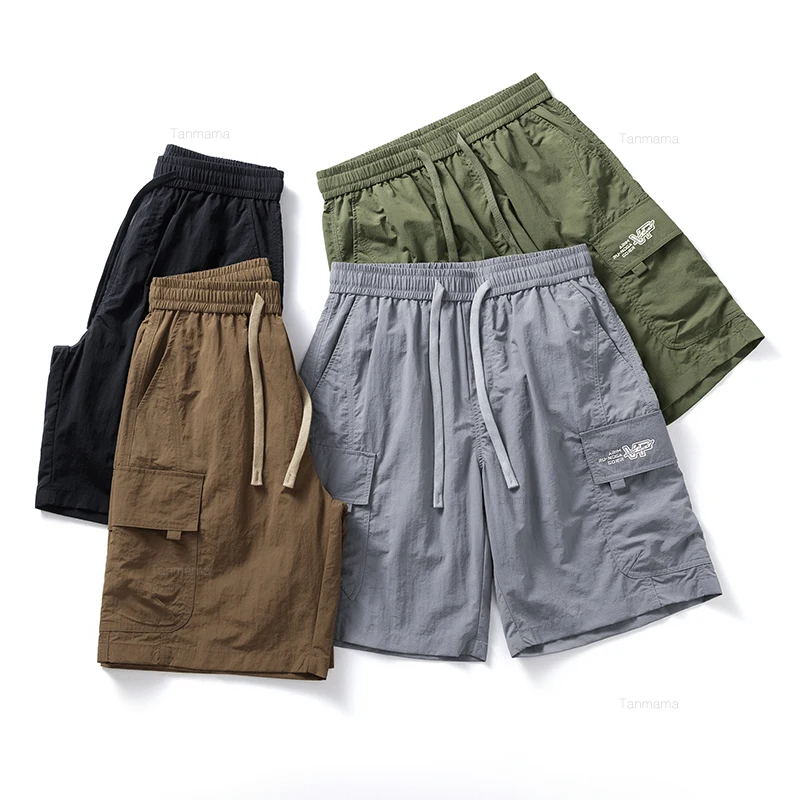 Summer Ultra-thin Quick-drying Men\'s Shorts Elastic Waist Ice Silk Loose Large Pocket Cargo Knee-length Pants Green Black Grey