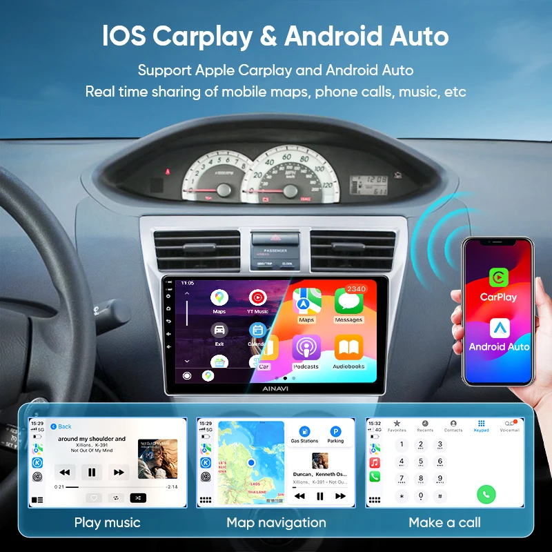 Ainavi Carplay Android 13 Car Radio  For Toyota Vios Yaris 2007-2012 Multimedia Player Navigation GPS Speaker BT No 2Din DVD