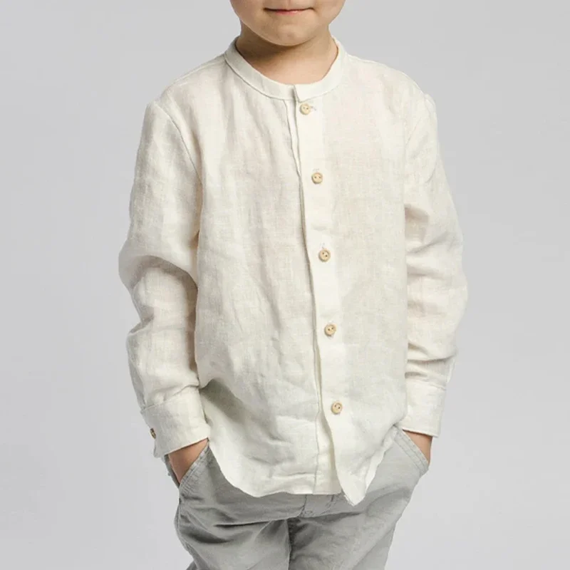 Retro Linen Long Sleeves White Shirt With Wooden Buttons For Boys Spring New Toddler Kids Casual Cotton And Linen Shirts TZ428