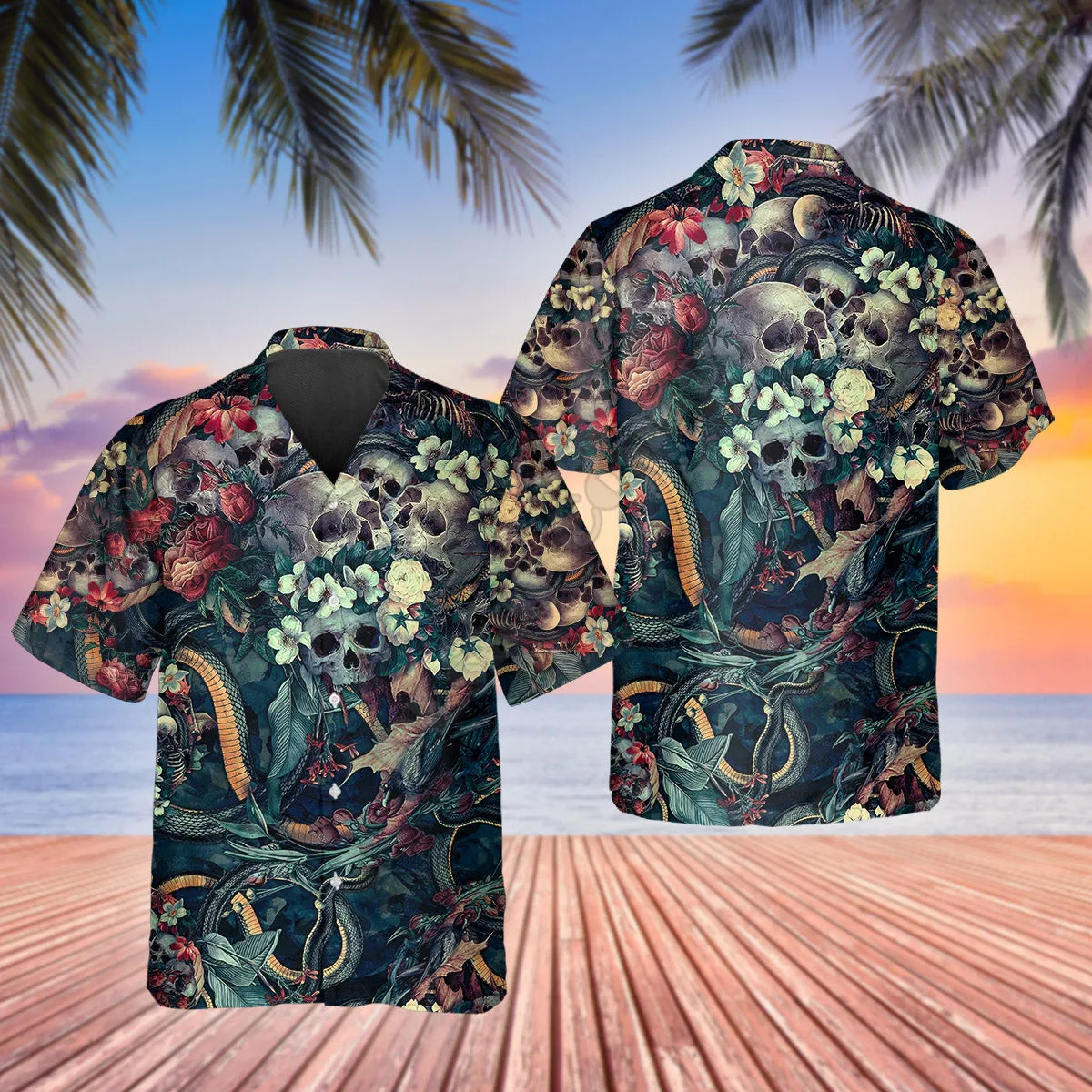 3D Printed Floral Skull And Snakes Hawaiian Shirt Summer Short Sleeved Shirts Men's Shirts Oversize Camisa Social 5XL