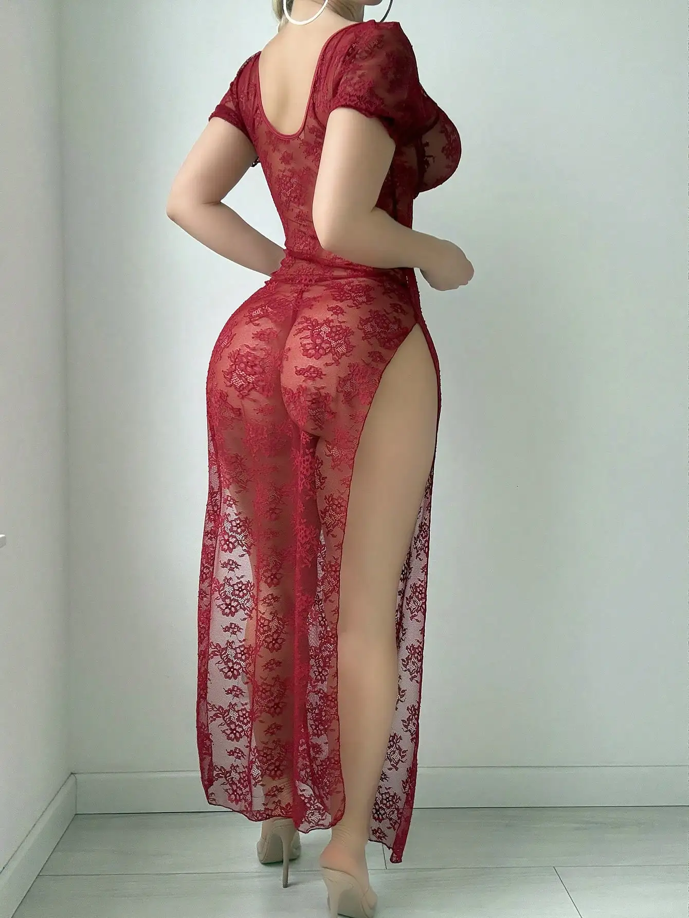 

Red Floral Lace Sheer Maxi Dress with Underwire Bust and Puff Sleeves