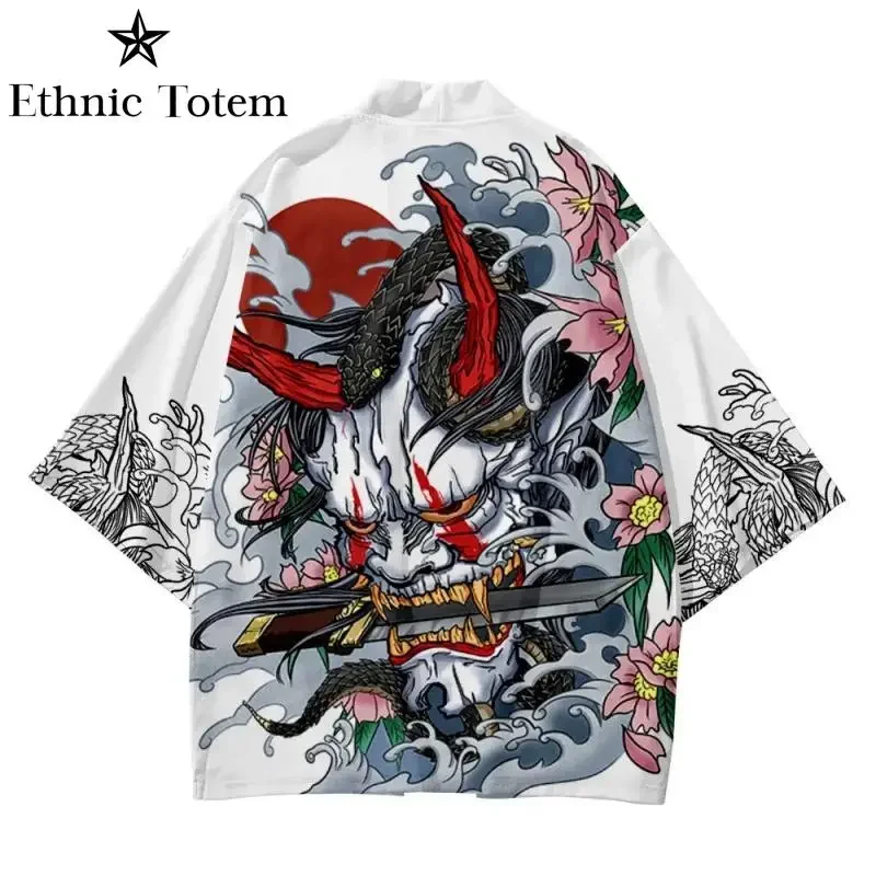 Men Demon Snake Dragon Pattern Printed Kimono Cardigan Chinese Japanese Samurai Coat Cape Summer Cosplay Asian Traditional Cloak
