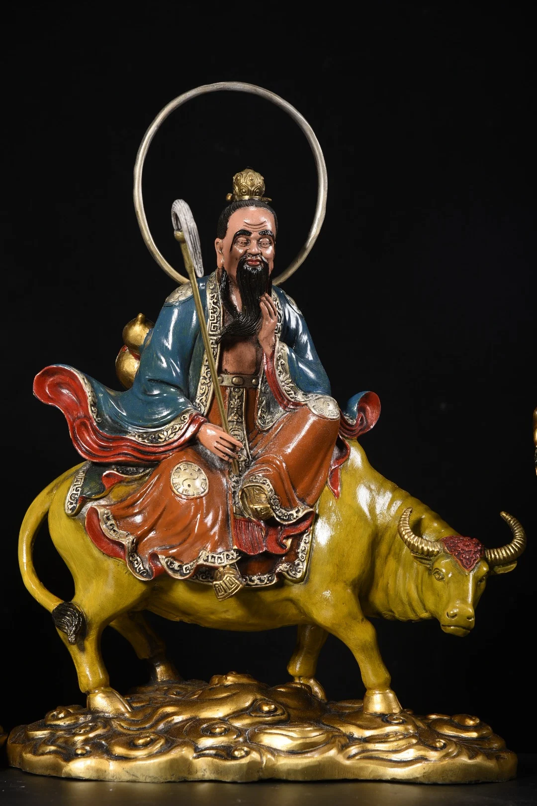 17 "مجموعة معبد التبت القديمة المطلية بالبرونز سانتشينغ البطريرك لورد لاو زي ثلاثة الخالدون الوحش الإلهي الخلفي قاعة العبادة