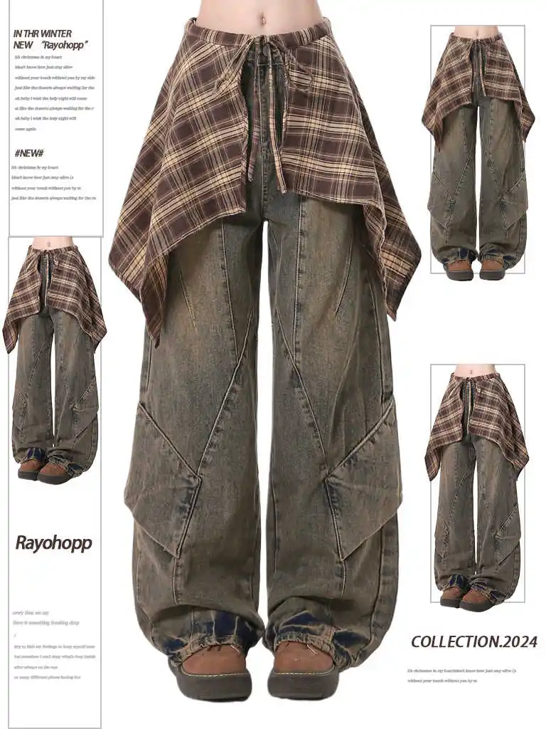 

Женские синие джинсы Y2k с юбкой Harajuku, винтажные мешковатые джинсовые брюки, японский стиль 2000-х годов, джинсовые длинные брюки, одежда, новинка