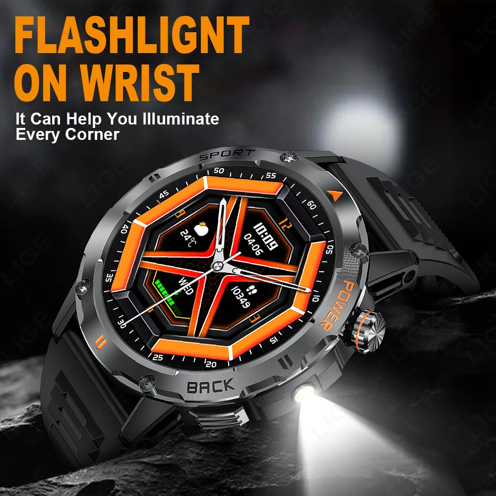 LIGE New Compass Outdoor Smart Watch Men Flashlight 400 mAh Large Battery Bluetooth Call Watches Health Sport Fitness Smartwatch