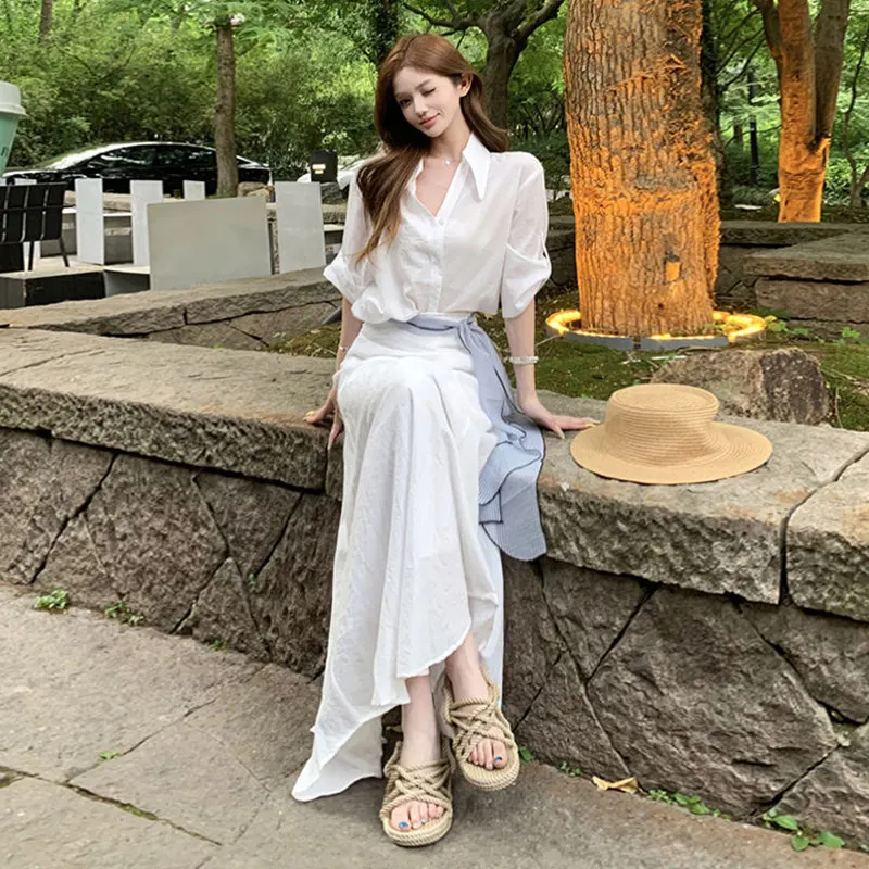 

Temperament White Polo Collar Shirt Top Women's Summer Fashion New Set High Waist Half Skirt Long Skirt Two Piece Set