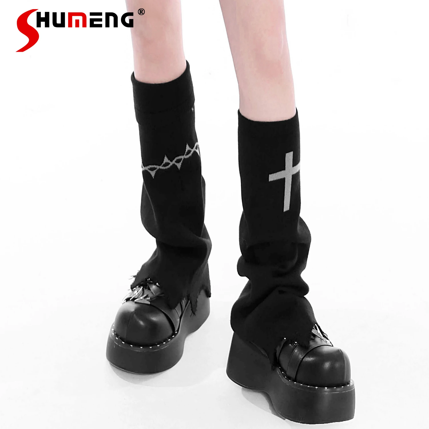 Autumn Winter Fashion Black Casual Knitted Leg Warmer Hot Girls Streetwear Fashion Jk Cross Jacquard Harajuku Gothic Legwarmers