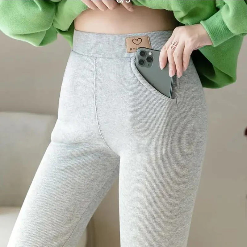 Dames Fleece Gevoerde Leggings Geribbelde Thermisch Warme Zachte Winter Dikke Broek Panty Met Zakken