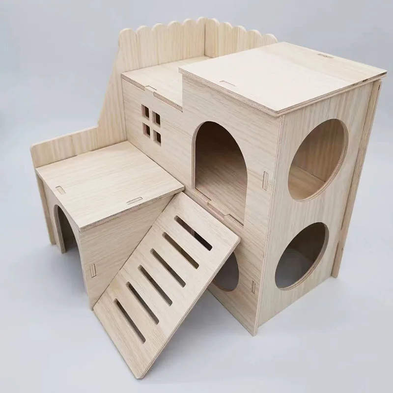 Pet Small Animal Hideout Hamster House Luxury Two Layers Wooden Hut Climbing Playing Chews Toys for Dwarf Mouse Gerbil